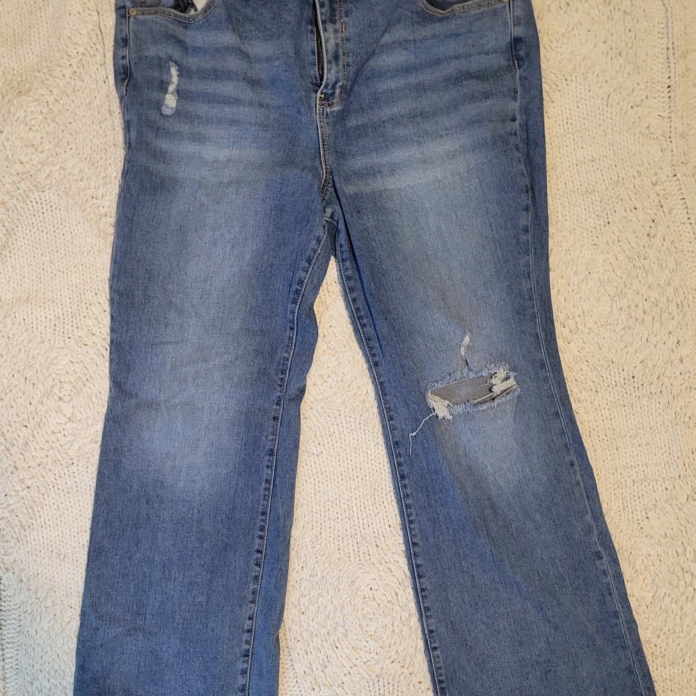 Medium Blue Straight Leg Jeans with Distressed Details